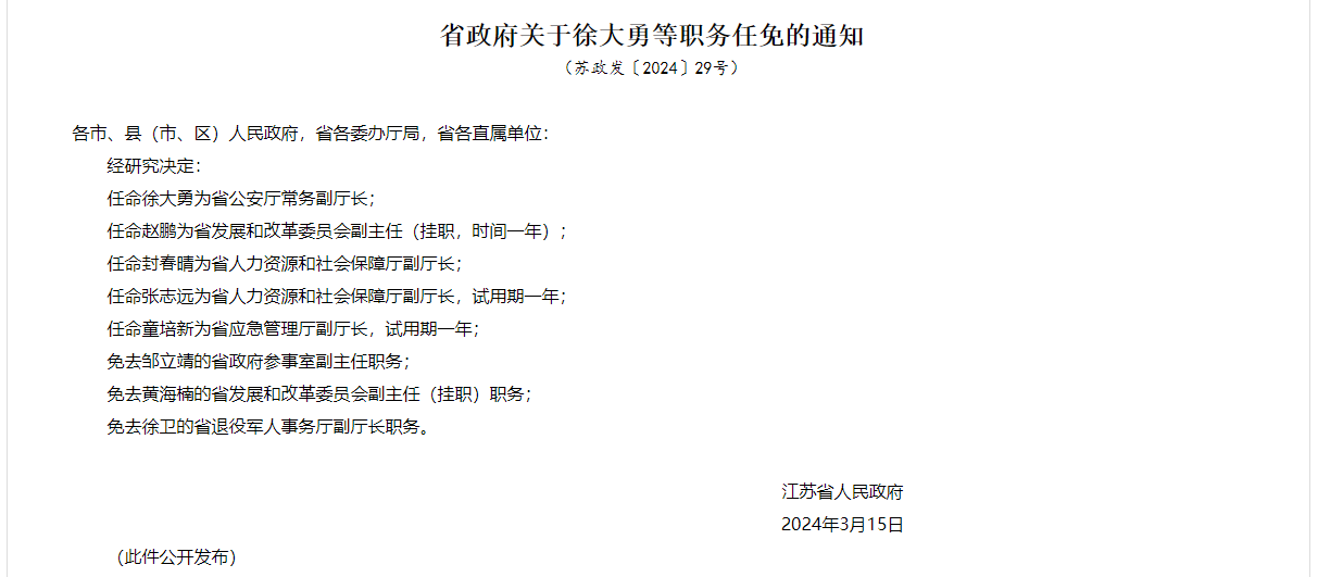 江苏省政府关于徐大勇等职务任免的通知